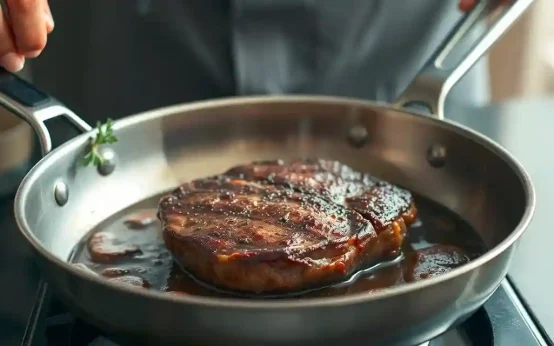 cooking steak in a stainless steel pan