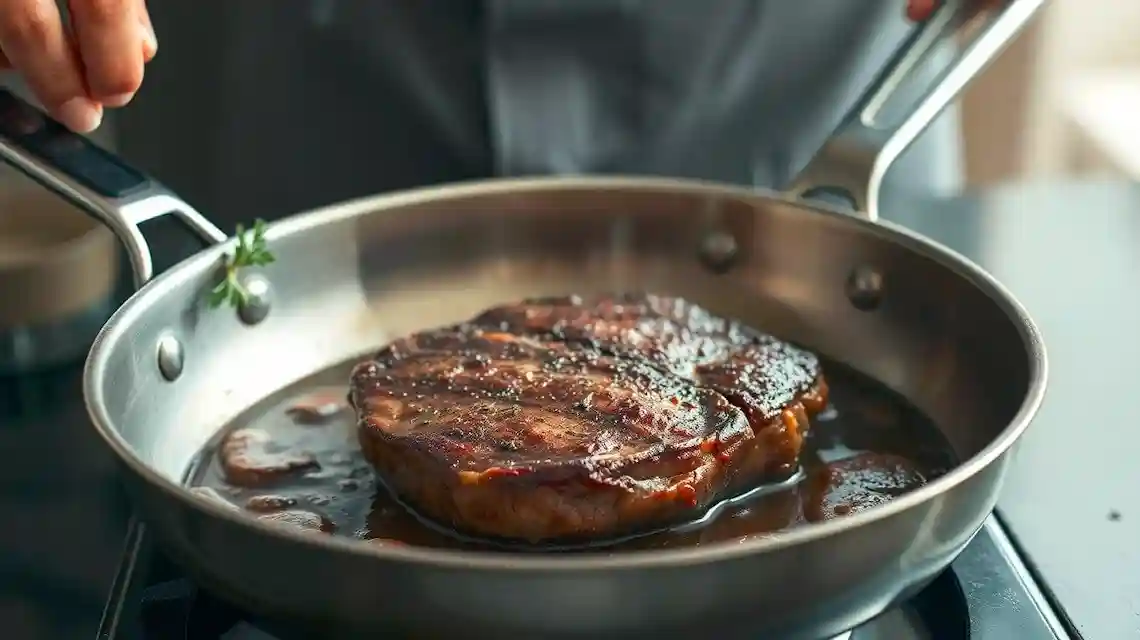 cooking steak in a stainless steel pan