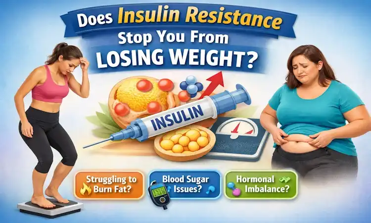 Woman struggling to lose weight with insulin resistance concept showing insulin hormone and fat metabolism.