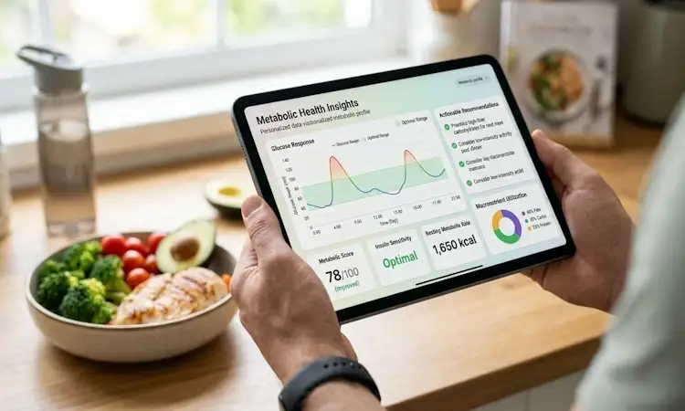 Hands holding a tablet displaying 'metabolic testing for weight loss' and a glucose response graph next to a healthy meal of grilled chicken, broccoli, and avocado. The screen shows a Resting Metabolic Rate (RMR) of 1,650 kcal and an optimal insulin sensitivity score, illustrating how metabolic testing for weight loss provides personalized data to prevent feeling tired and inactive while dieting