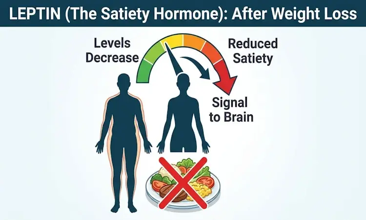 An infographic titled 'LEPTIN (The Satiety Hormone): leptin and ghrelin after weight loss showing how leptin levels decrease and signals to the brain are reduced following weight loss. This visual explains a biological reason why people may feel tired and inactive while dieting, as the body struggles with reduced satiety and persistent hunger signals.