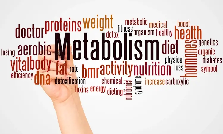 A word cloud centered on the word 'Metabolism' in large black text, surrounded by related health terms like 'nutrition,' 'weight,' 'diet,' 'hormones,' and 'activity.' A hand holds a marker as if writing the words, illustrating a health and wellness concept.