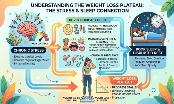 Detailed infographic titled "Understanding the Weight Loss Plateau: The Stress & Sleep Connection" showing how cortisol and poor sleep impact metabolism and appetite.