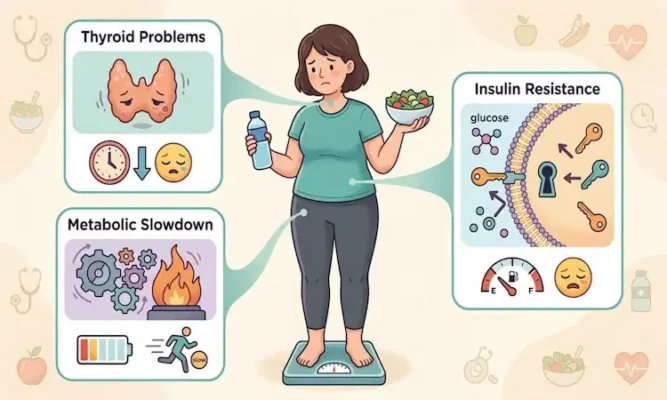An infographic illustration of a woman standing on a scale, holding a water bottle and a salad, surrounded by three explanatory panels detailing "Thyroid Problems," "medical causes of weight loss resistance," and "Insulin Resistance" as factors affecting weight management.
