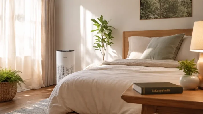 Modern wellness bedroom with a premium air purifier, natural sunlight, indoor plants, and a relaxing sleep-friendly atmosphere, illustrating the best air purifier for bedroom wellness.