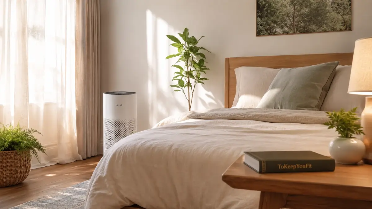 Modern wellness bedroom with a premium air purifier, natural sunlight, indoor plants, and a relaxing sleep-friendly atmosphere, illustrating the best air purifier for bedroom wellness.