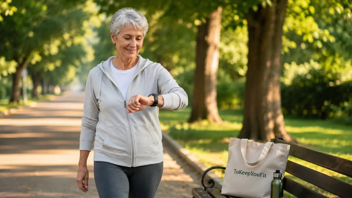 Active older adult enjoying a morning walk in a park while checking the best fitness watch for older adults, promoting healthy aging, daily movement, and long-term wellness.