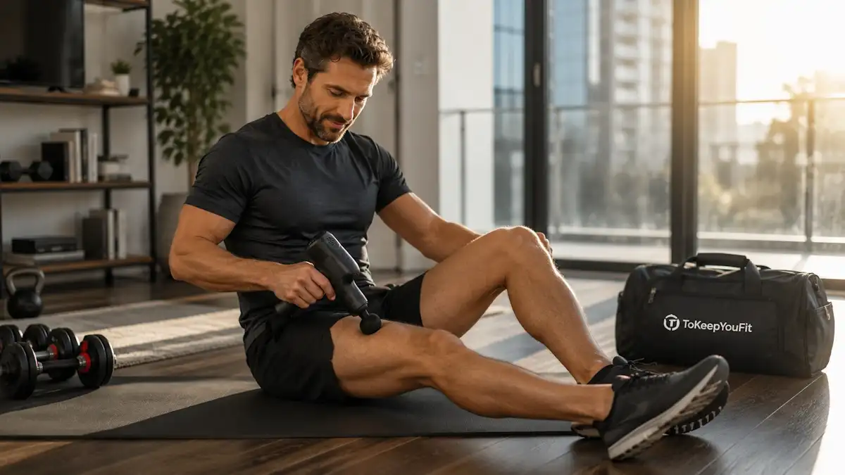 Fit man using the best massage gun for recovery on his quadriceps after a home workout in a modern apartment fitness space with dumbbells and natural sunlight.