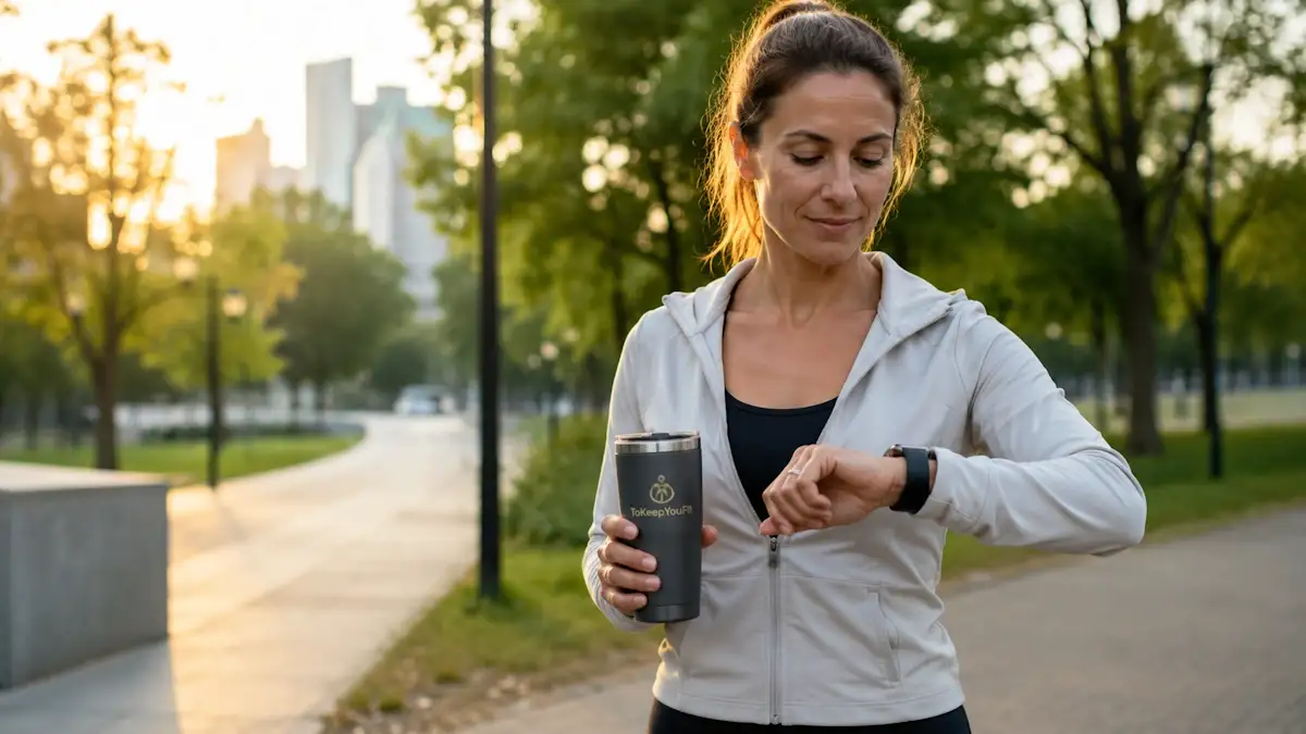 Woman checking a smartwatch during a morning walk in a city park while tracking wellness metrics and daily activity, illustrating the best smartwatch for health tracking and healthy lifestyle monitoring.