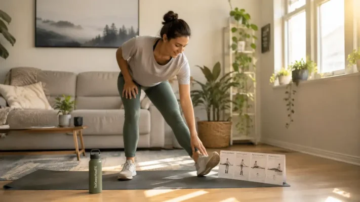 Healthy adult performing a standing hamstring stretch in a bright living room during a best stretching routine for beginners, with yoga mat, indoor plants, and ToKeepYouFit water bottle.