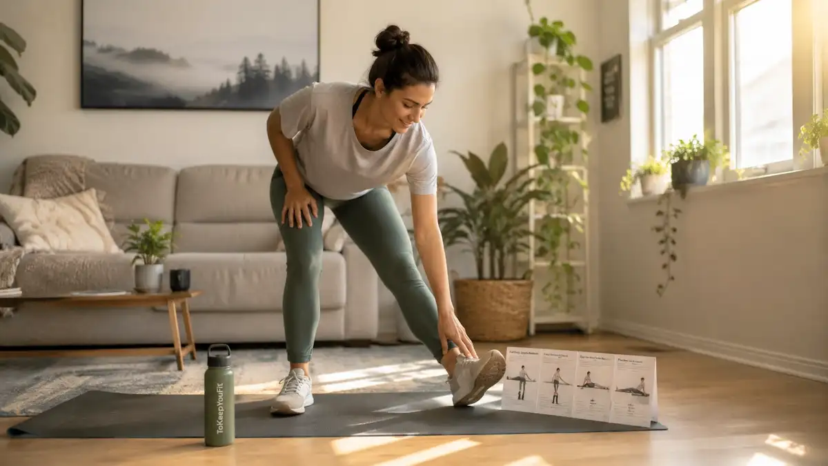 Healthy adult performing a standing hamstring stretch in a bright living room during a best stretching routine for beginners, with yoga mat, indoor plants, and ToKeepYouFit water bottle.