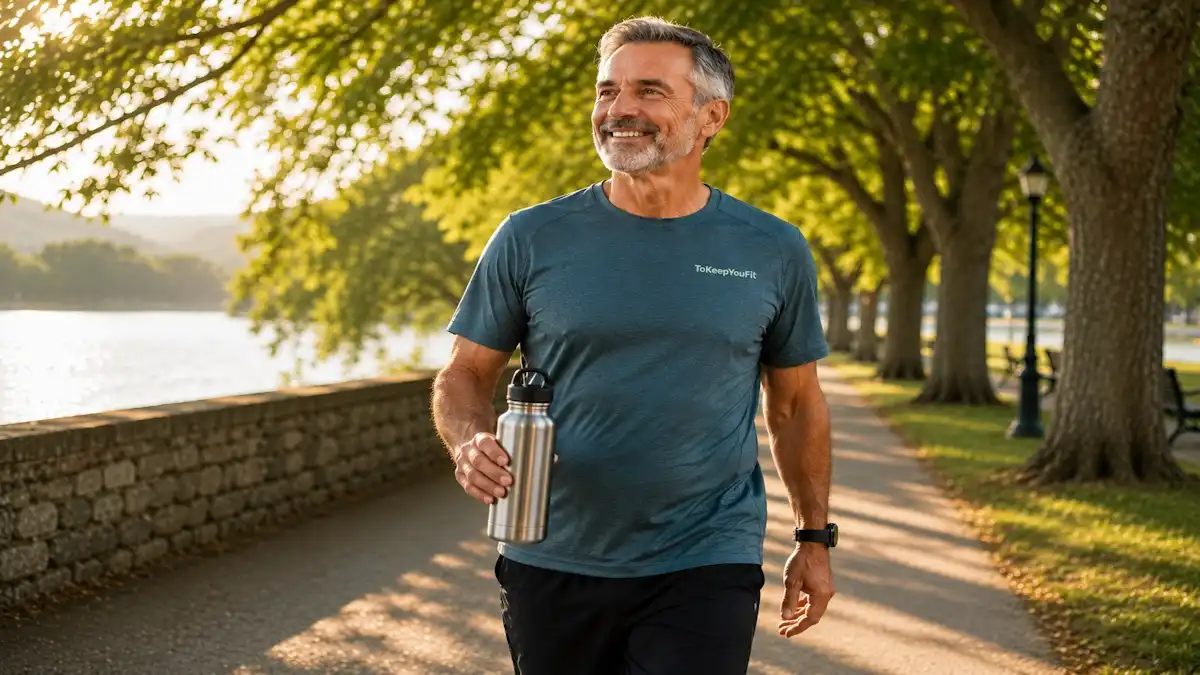 Active adult in their late 50s following the best walking routine after 50 on a scenic tree-lined path during a sunny morning, promoting healthy aging, daily movement, and long-term fitness.