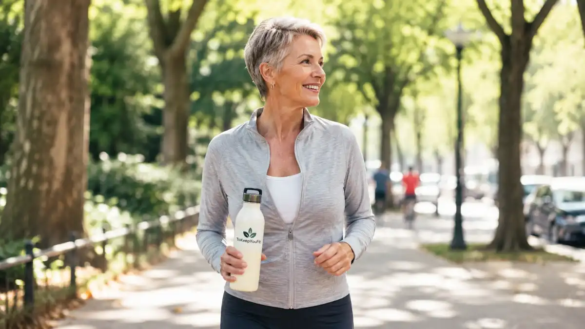 Healthy woman in her early 60s enjoying a morning walk in a sunlit urban park, illustrating daily habits for healthy aging, active living, hydration, and long-term wellness.