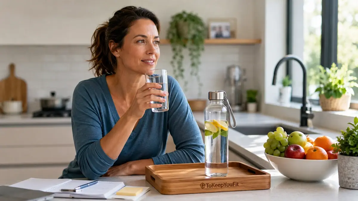 Adult taking a hydration break at home with a glass of water and reusable bottle on a ToKeepYouFit wooden tray, illustrating healthy hydration habits and answering the question does dehydration make you tired.