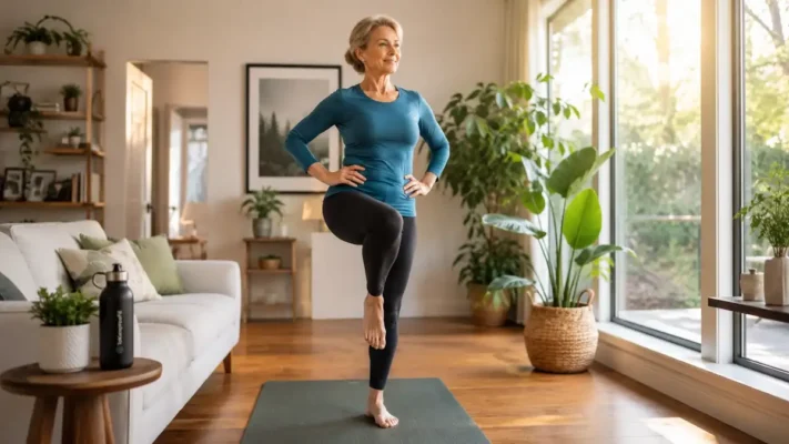 Healthy woman in her late 50s performing one of the easy exercises to improve balance in a bright living room with natural sunlight and proper posture.