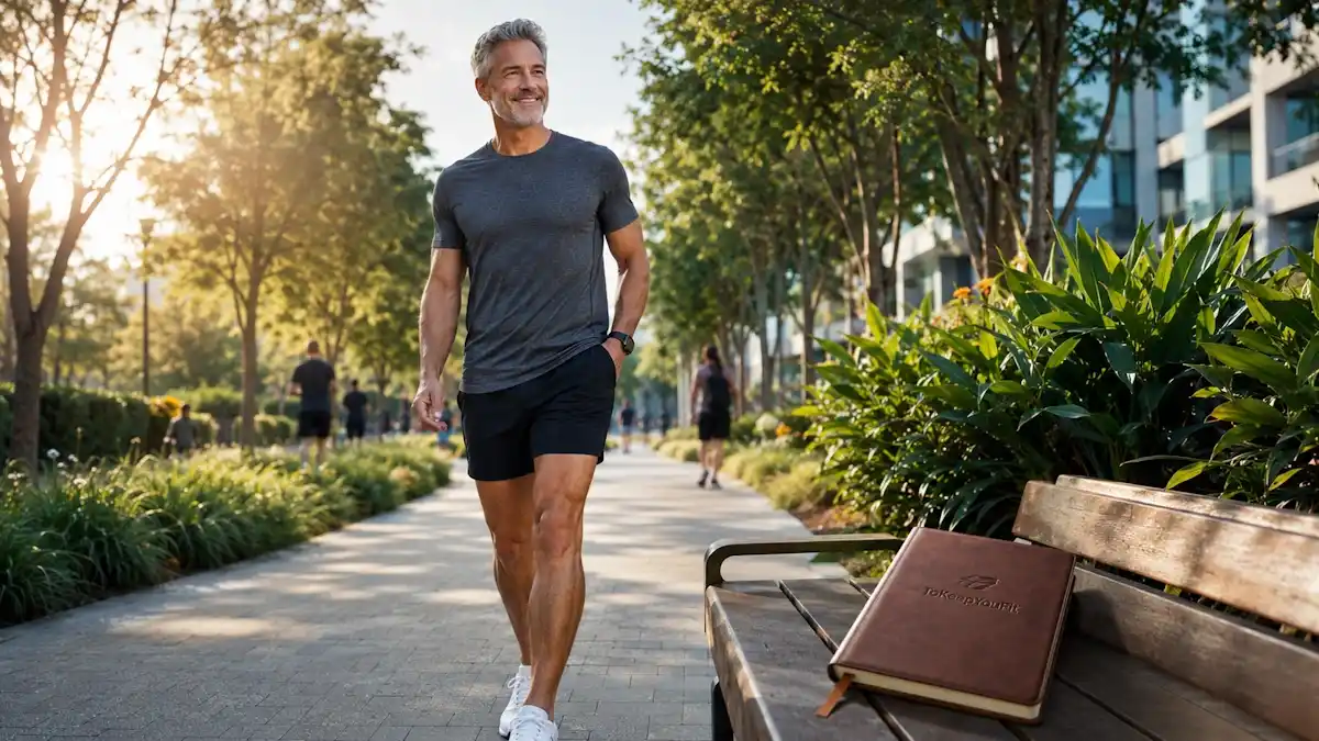 Healthy man in his early 50s walking through a sunny urban park during a morning fitness routine, illustrating how many steps should I walk daily for overall health, energy, and active aging.