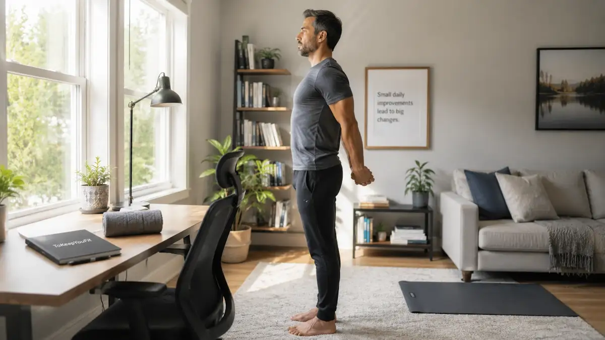 Adult practicing a posture-awareness exercise in a bright home office living room while learning how to improve posture at home using ergonomic furniture and simple stretching tools.