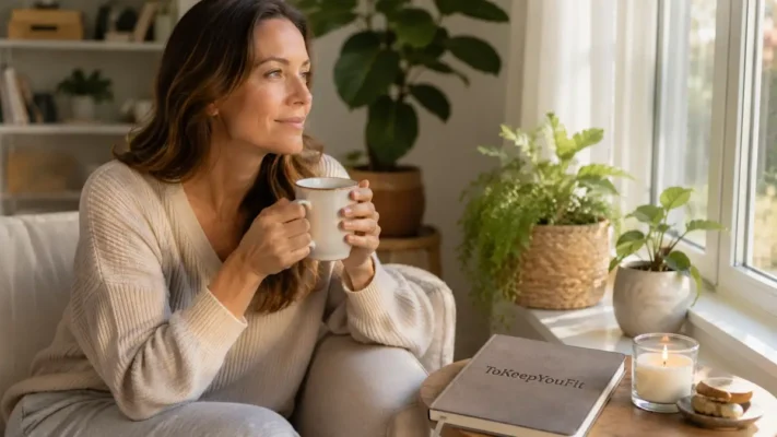 Woman in her early 40s practicing a morning wellness routine with herbal tea and journaling, demonstrating how to reduce stress naturally daily at home.