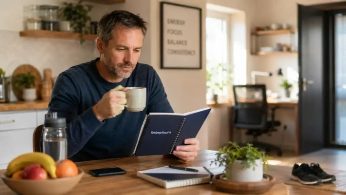 Adult in their early 40s reflecting on daily habits while reviewing a planner at home, illustrating why am i always low on energy during a typical workday.