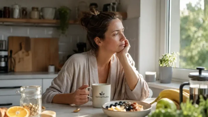 Woman sitting at a kitchen table feeling tired and mentally foggy after a full night of sleep, illustrating why am i tired after sleeping 8 hours and common morning fatigue challenges.