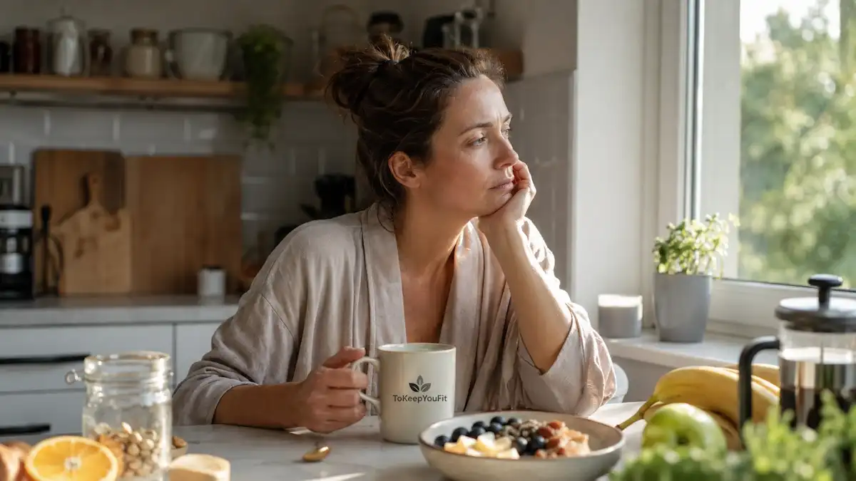 Woman sitting at a kitchen table feeling tired and mentally foggy after a full night of sleep, illustrating why am i tired after sleeping 8 hours and common morning fatigue challenges.