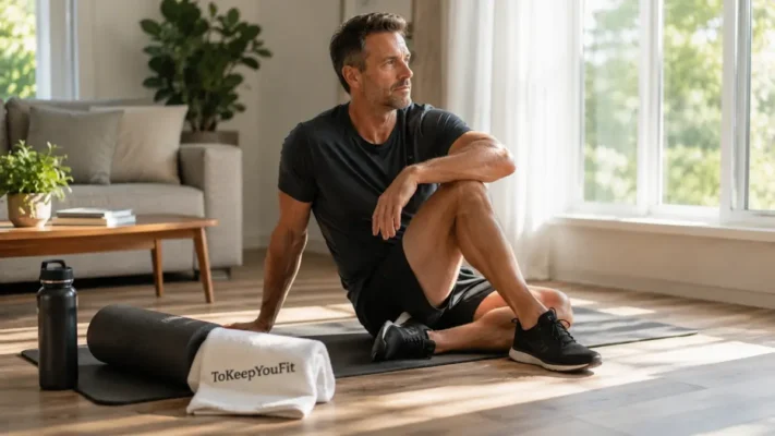 Man in his mid-40s performing gentle post-workout recovery stretching at home with a foam roller and yoga mat, illustrating why do my muscles stay sore after exercise.